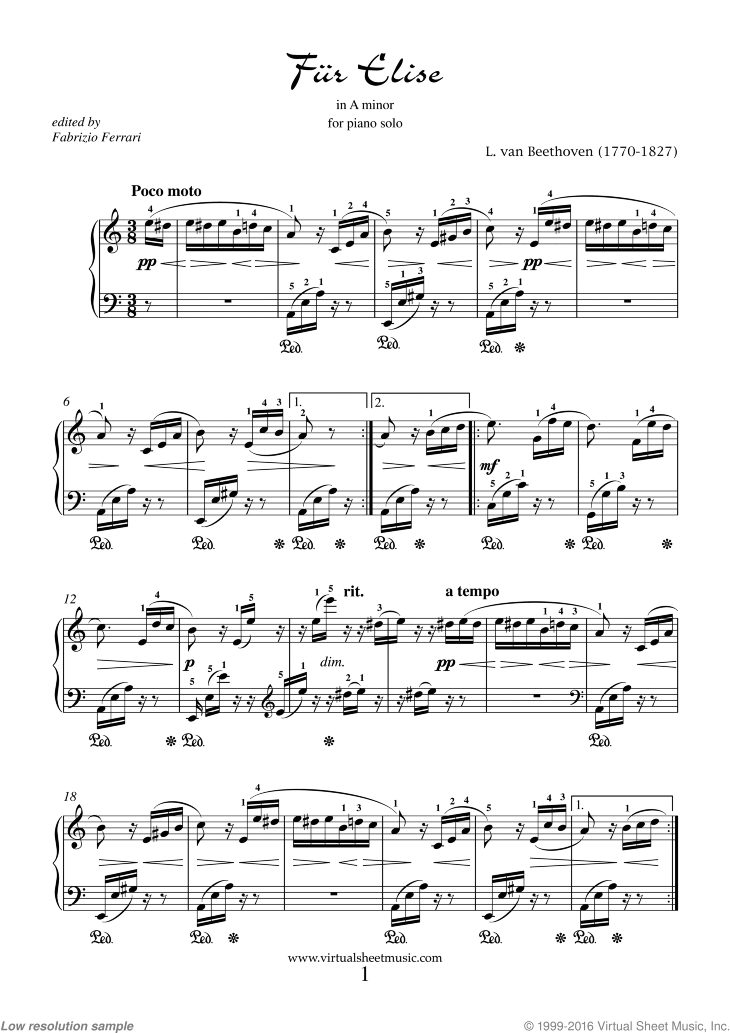 Free Fur Elise Sheet Music for piano Beethoven -