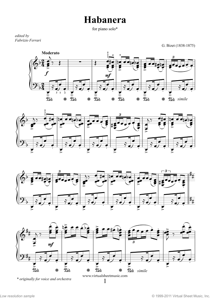 Miniatura Amado claro Habanera, from Carmen sheet music for piano solo (PDF)