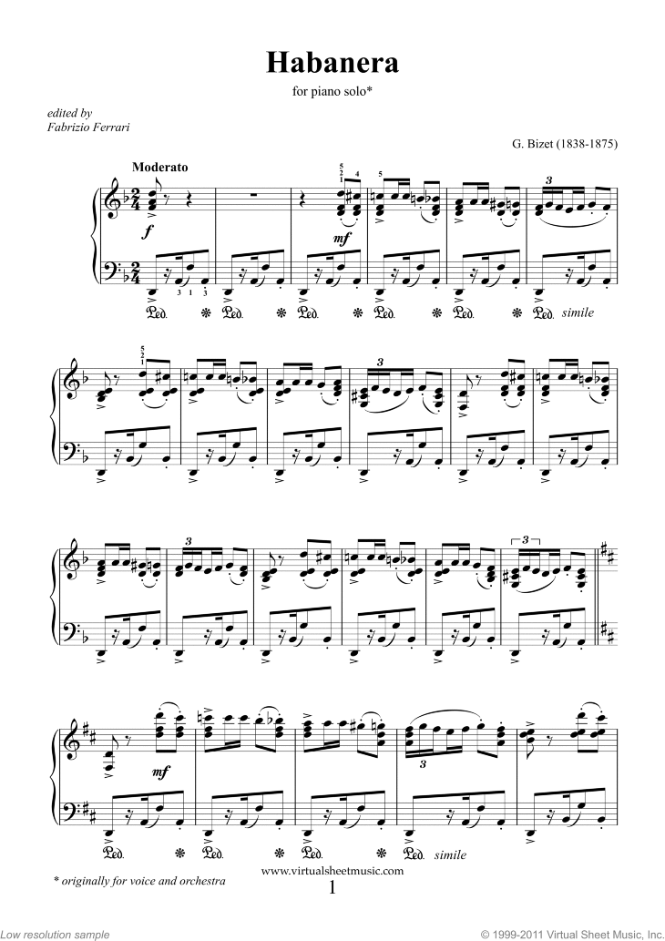 Habanera from Carmen sheet music for piano solo PDF