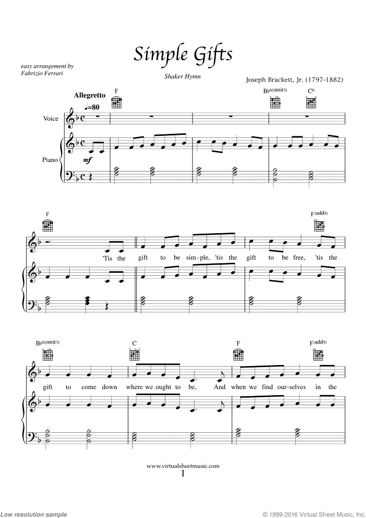 Free Simple Gifts Sheet Music For Piano Voice Or Other Instruments