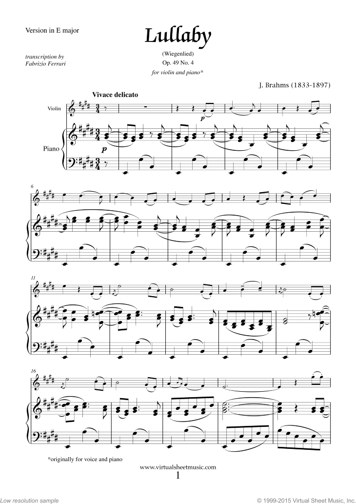 Brahms - Lullaby Op. 49 No. 4 sheet music for violin and piano