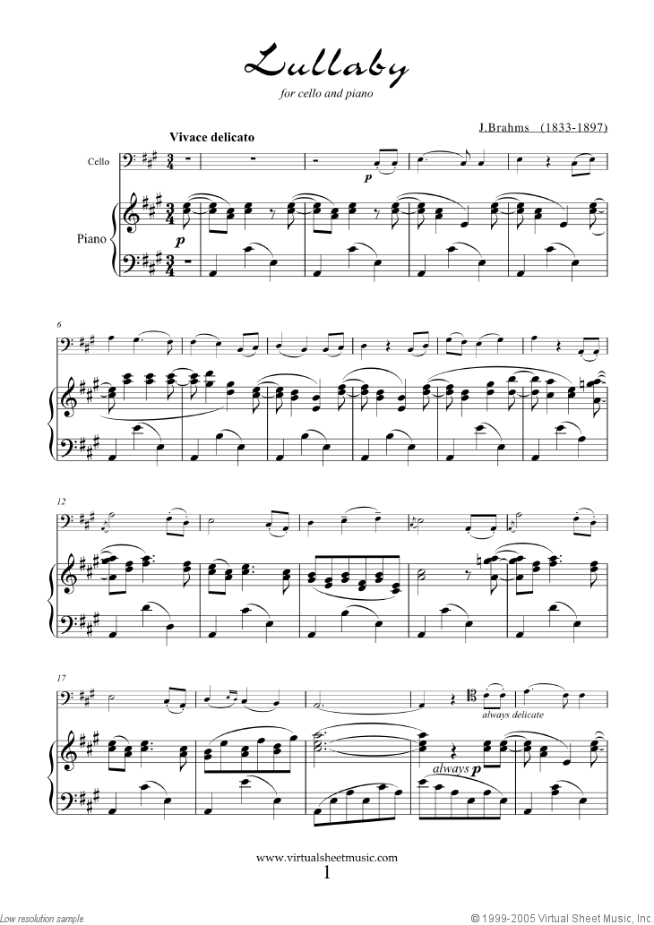 Brahms Lullaby Op. 49 No. 4 sheet music for cello and piano (PDF)