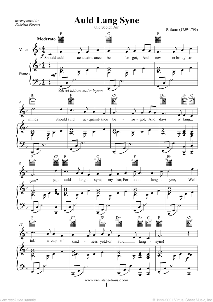Burns - Auld Lang Syne sheet music for voice and piano [PDF]