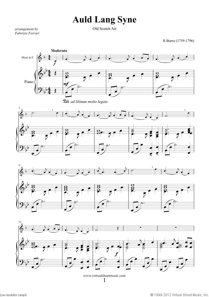 Auld Lang Syne sheet music for horn and piano (PDF-interactive)