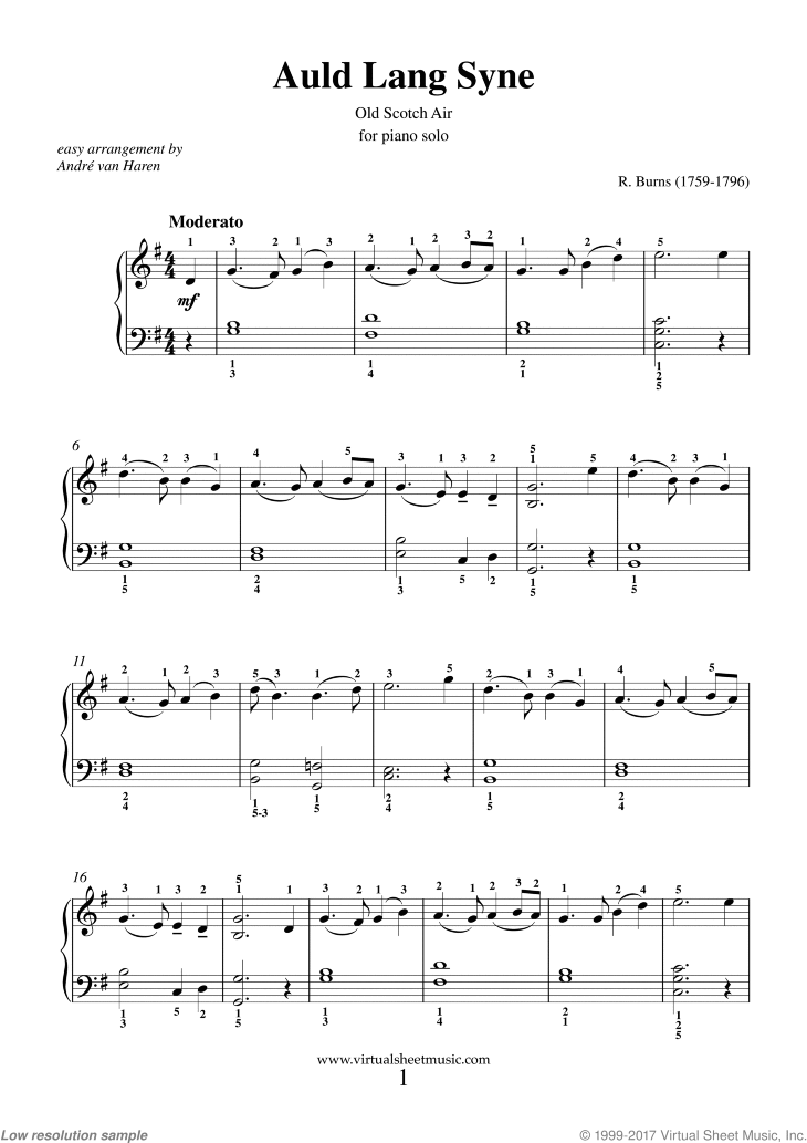 Burns Auld Lang Syne (simplified) sheet music for piano solo