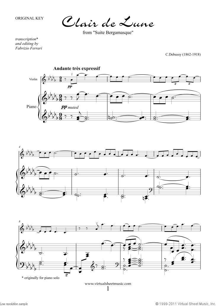 Debussy Clair de Lune sheet music for violin and piano (PDF)