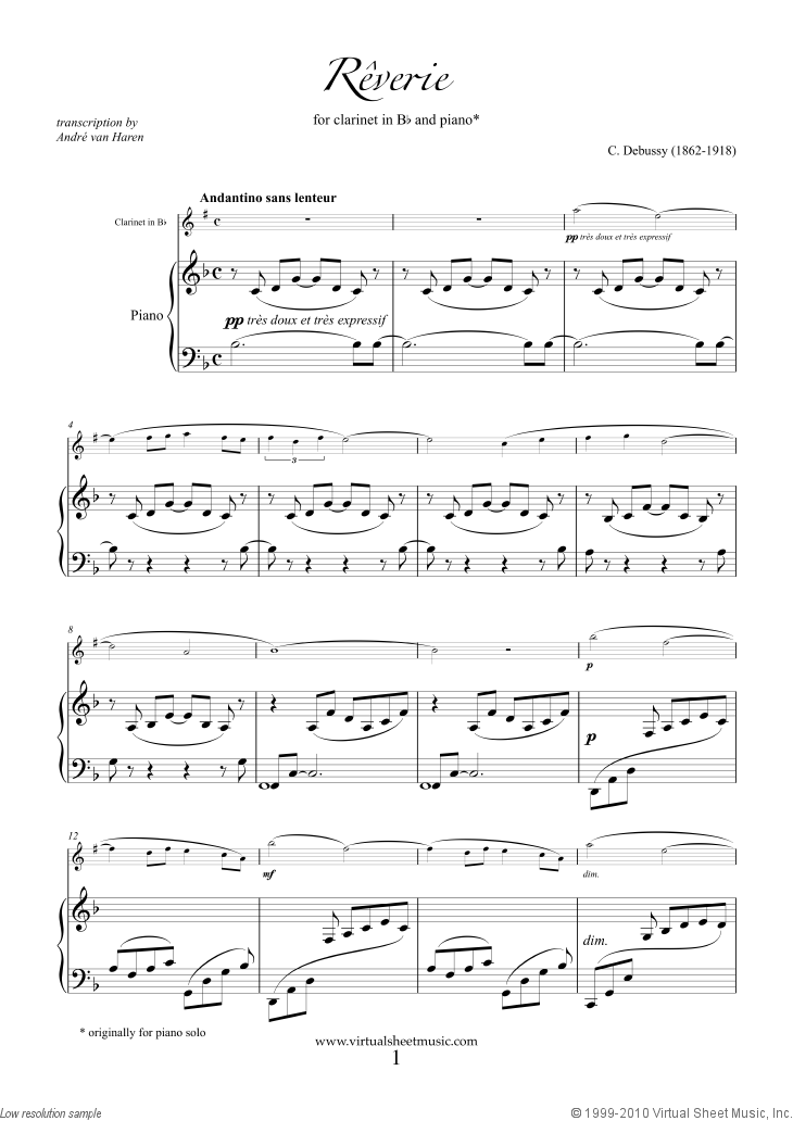 Debussy Reverie sheet music for clarinet and piano (PDF)