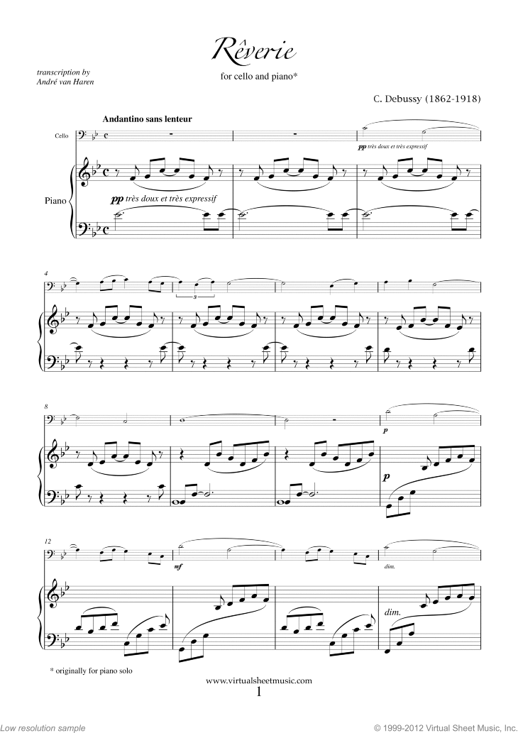 Debussy Reverie sheet music for cello and piano (PDF-interactive)