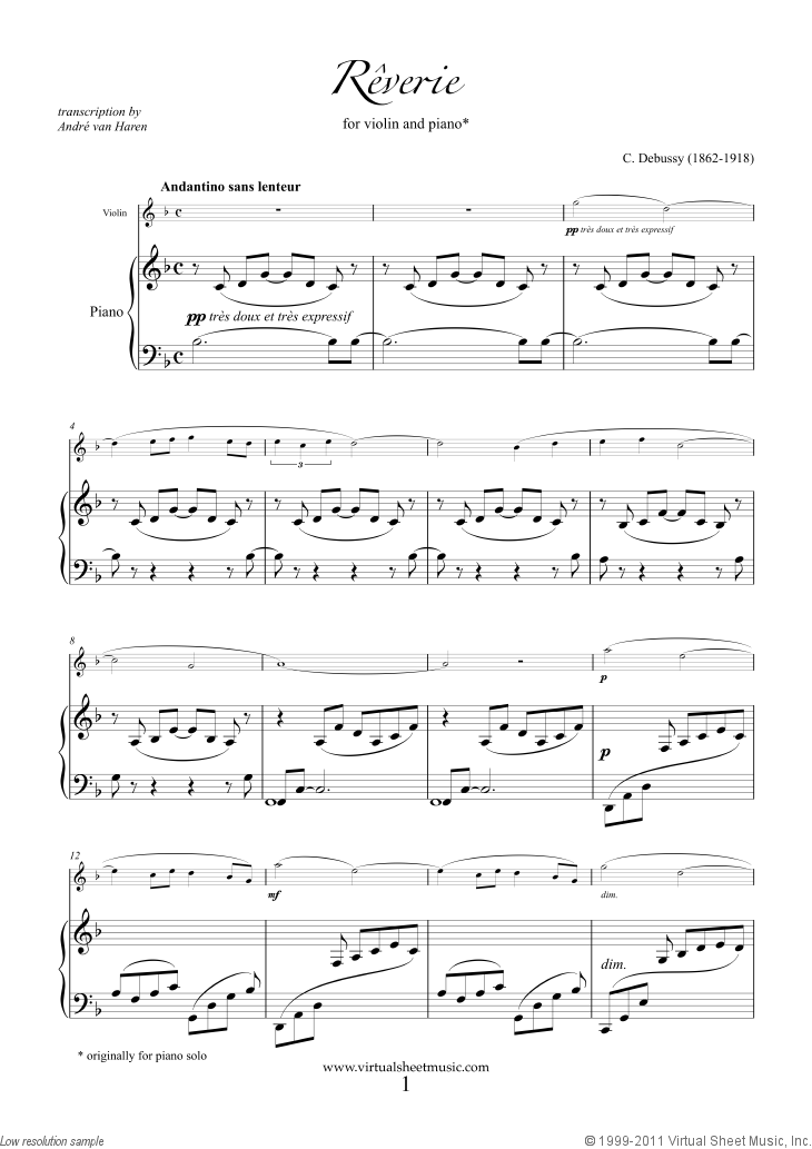 Reverie sheet music for violin and piano (PDF-interactive)