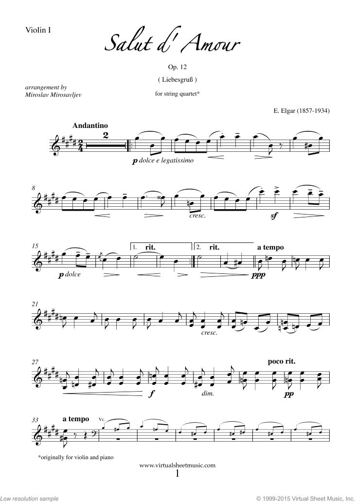Elgar - Salut d' Amour Op.12 sheet music for string quartet [PDF]