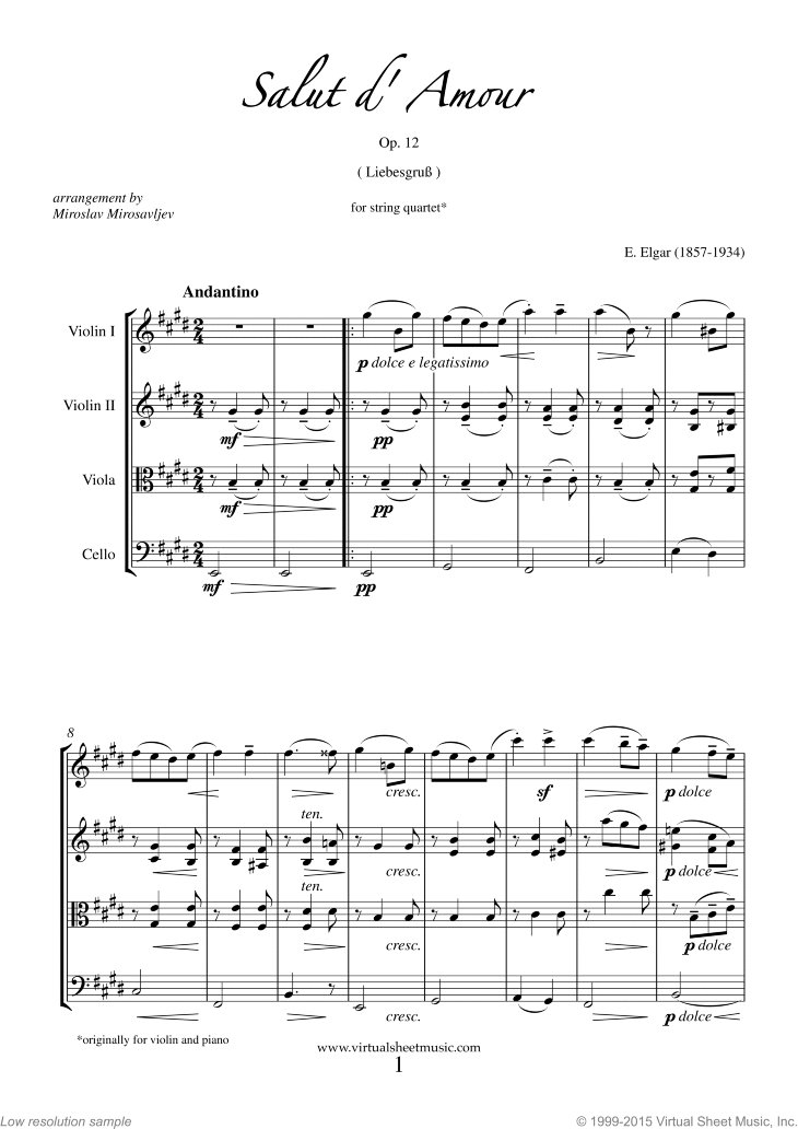 Salut d' Amour Op.12 (f.score) sheet music for string quartet