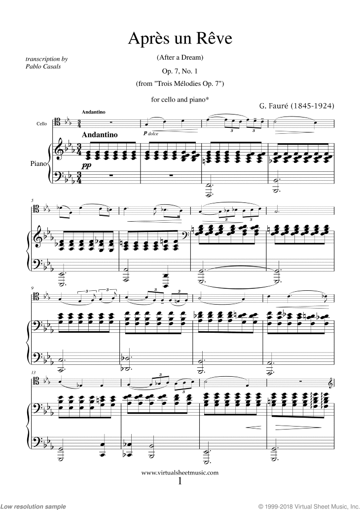 Faure Apres Un Reve Op 7 No 1 Sheet Music For Cello And Piano