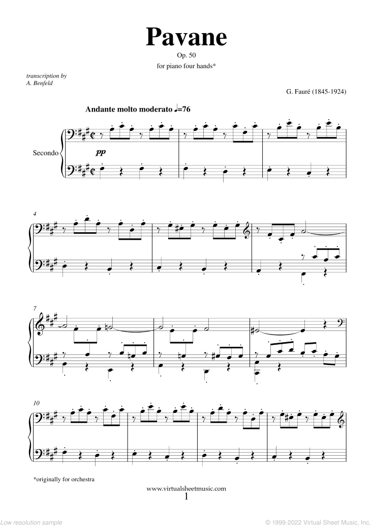 Pavane Op.50 sheet music for piano four hands (PDF-interactive)