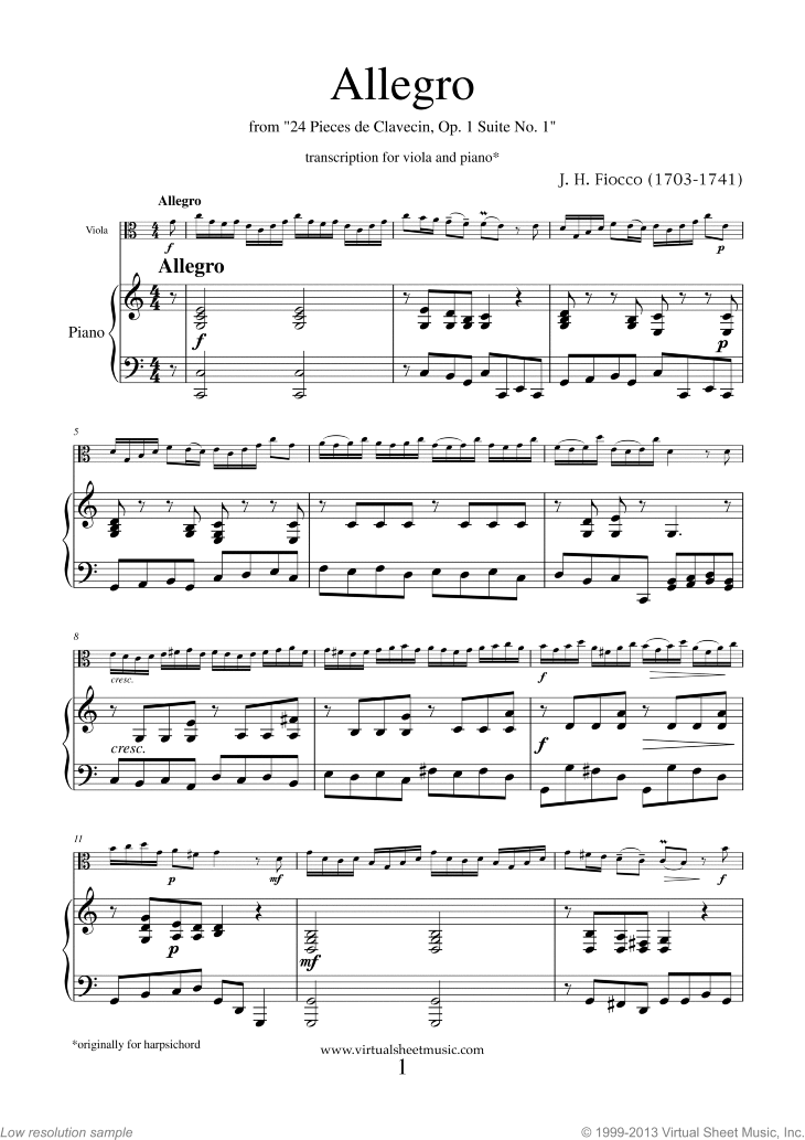 Fiocco - Allegro sheet music for viola and piano PDF