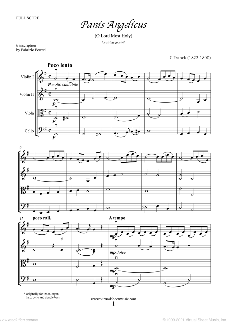 Franck - Panis Angelicus sheet music for string quartet or string orchestra