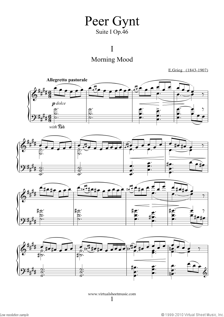 Free Grieg Morning Mood sheet music for piano solo - High-Quality