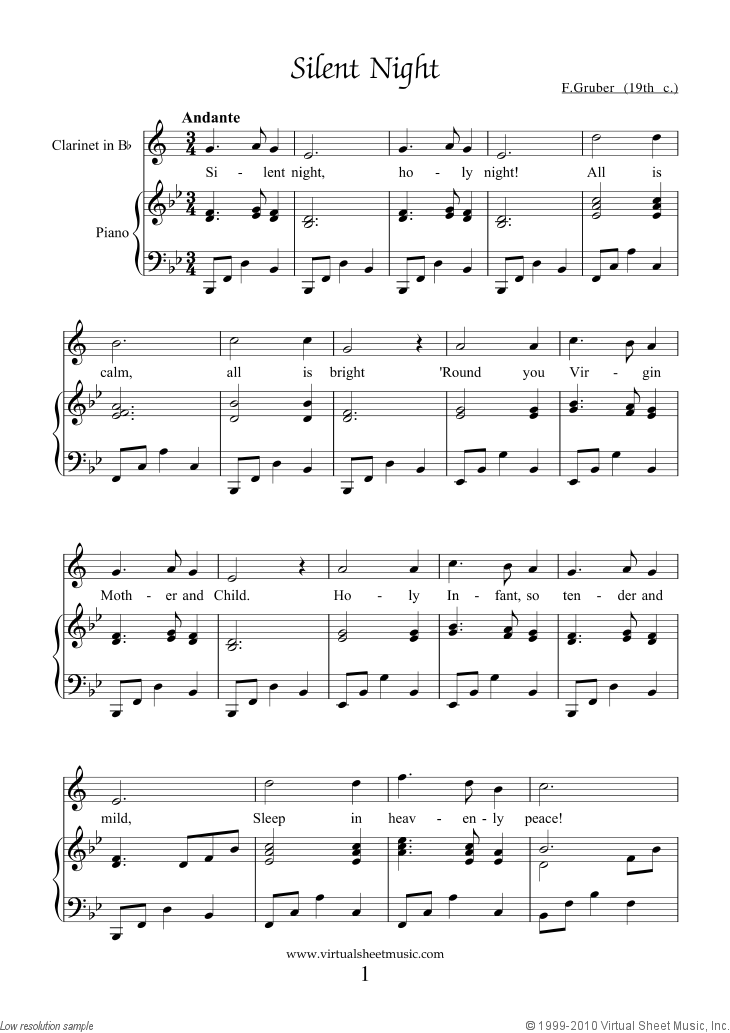 Free Silent Night sheet music for clarinet and piano (PDF)
