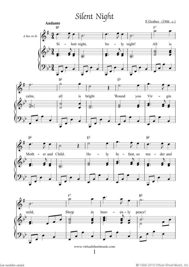 Free Silent Night sheet music for alto saxophone and piano [PDF]