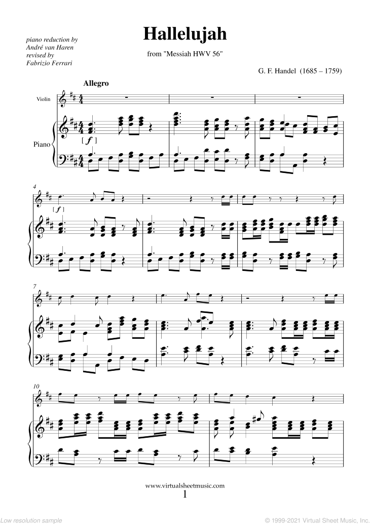 Handel Hallelujah Chorus From Messiah Sheet Music For Violin And Piano