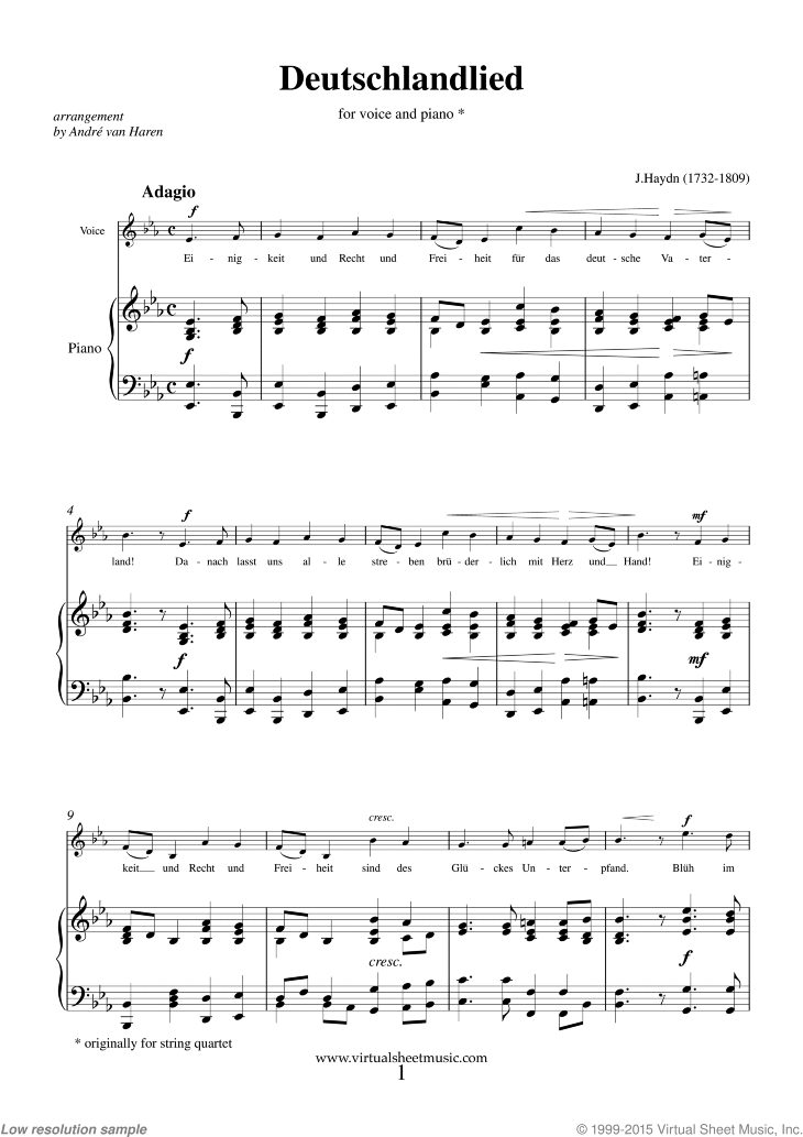 Haydn Deutschlandlied German Anthem Sheet Music For Piano