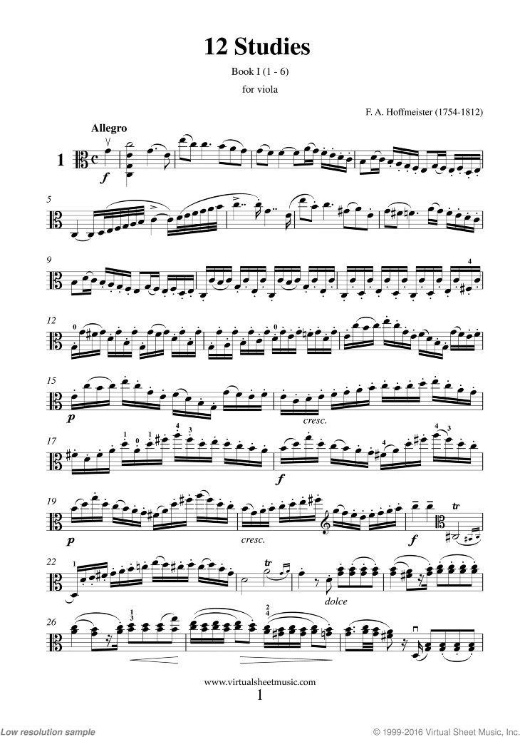 Hoffmeister 12 Studies sheet music for viola solo (PDF)