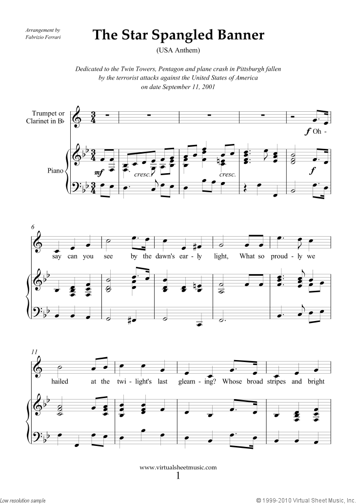 Free Smith The Star Spangled Banner In Bb Usa Anthem Sheet Music For Trumpet Or Clarinet And Piano