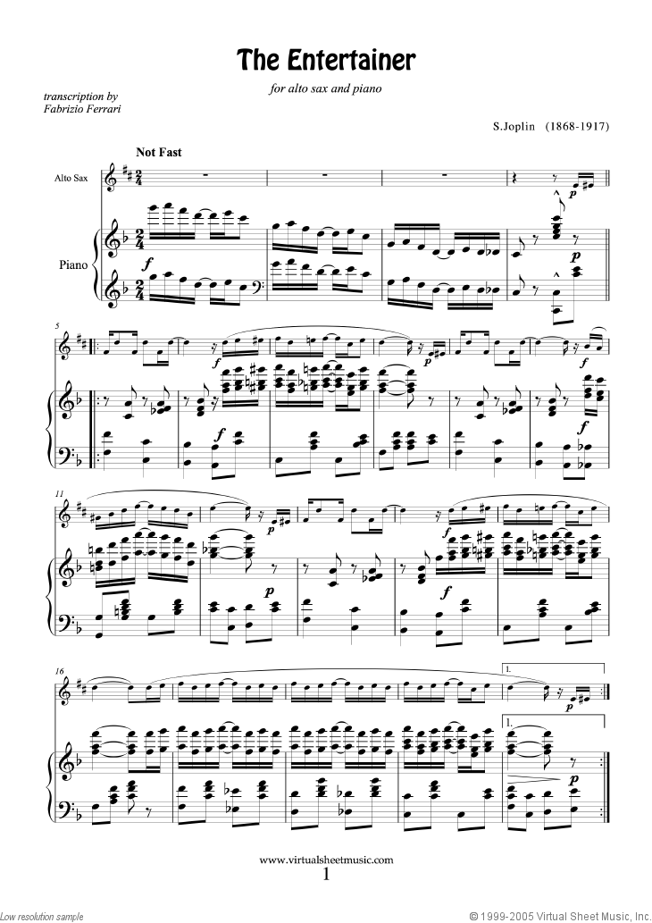 Joplin - The Entertainer sheet music for alto saxophone ...