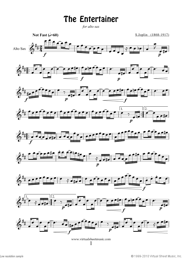 Free The Entertainer sheet music for alto saxophone solo (PDF)