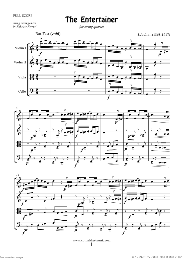 Joplin - The Entertainer sheet music for string quartet [PDF]