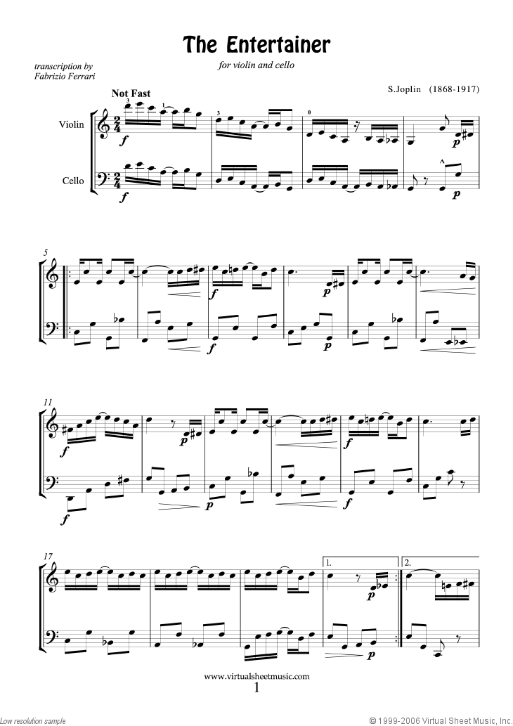 Joplin - The Entertainer sheet music for violin and cello PDF