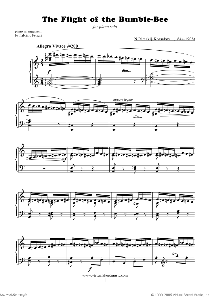 Rimsky-Korsakov The Flight of the Bumblebee sheet music for piano solo