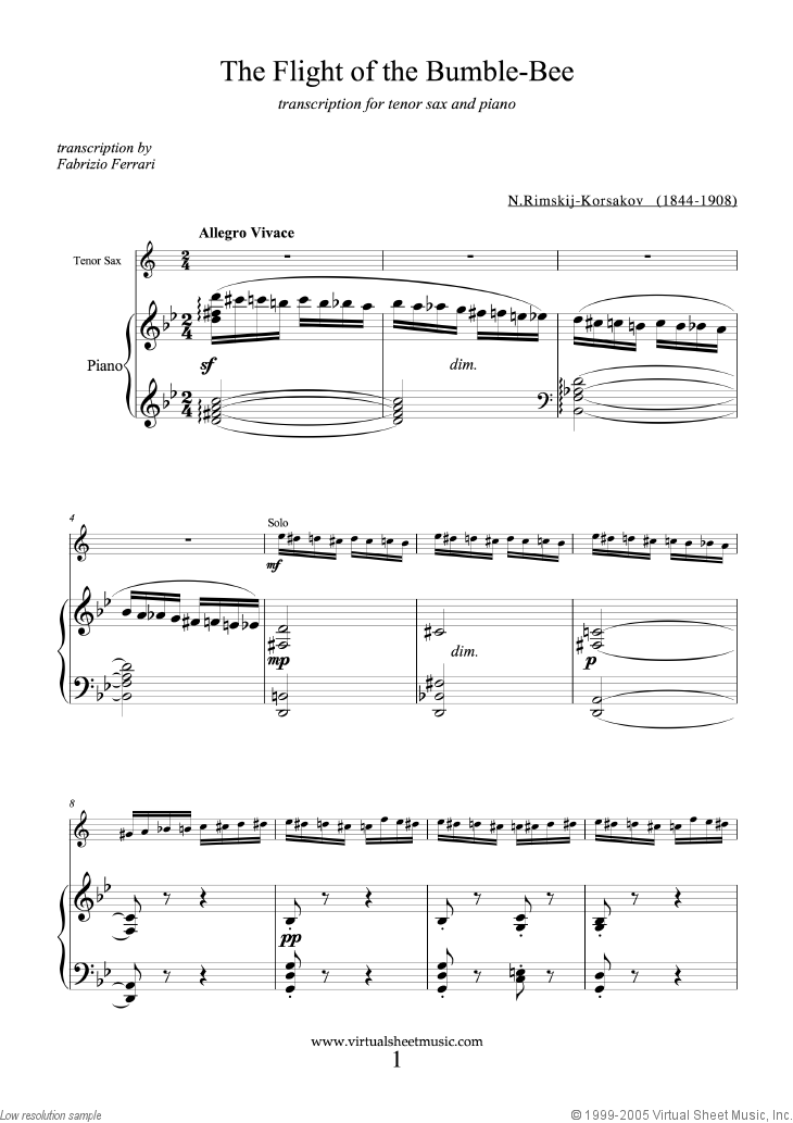 Rimsky-Korsakov - The Flight of the Bumblebee sheet music for tenor saxophone and piano