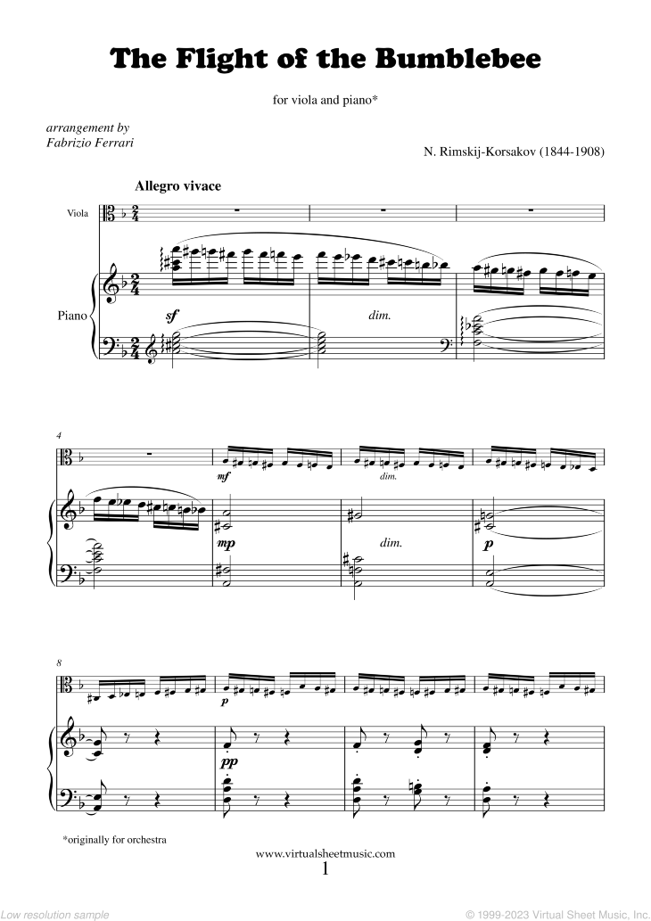 The Flight of the Bumblebee sheet music for viola and piano (PDF)