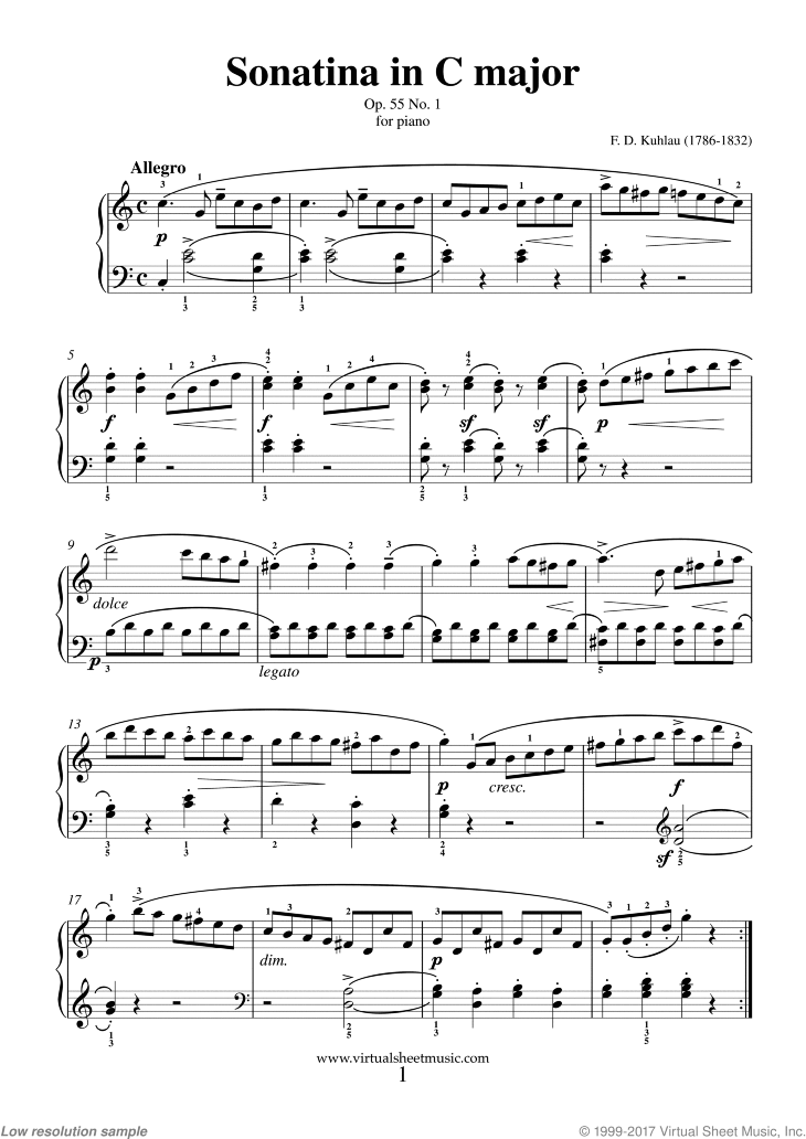 Kuhlau Sonatina In C Major Op 55 No 1 Sheet Music For Piano Solo