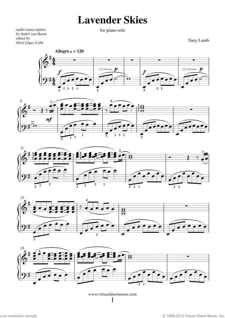 Lamb - Lavender Skies sheet music for piano solo [PDF]