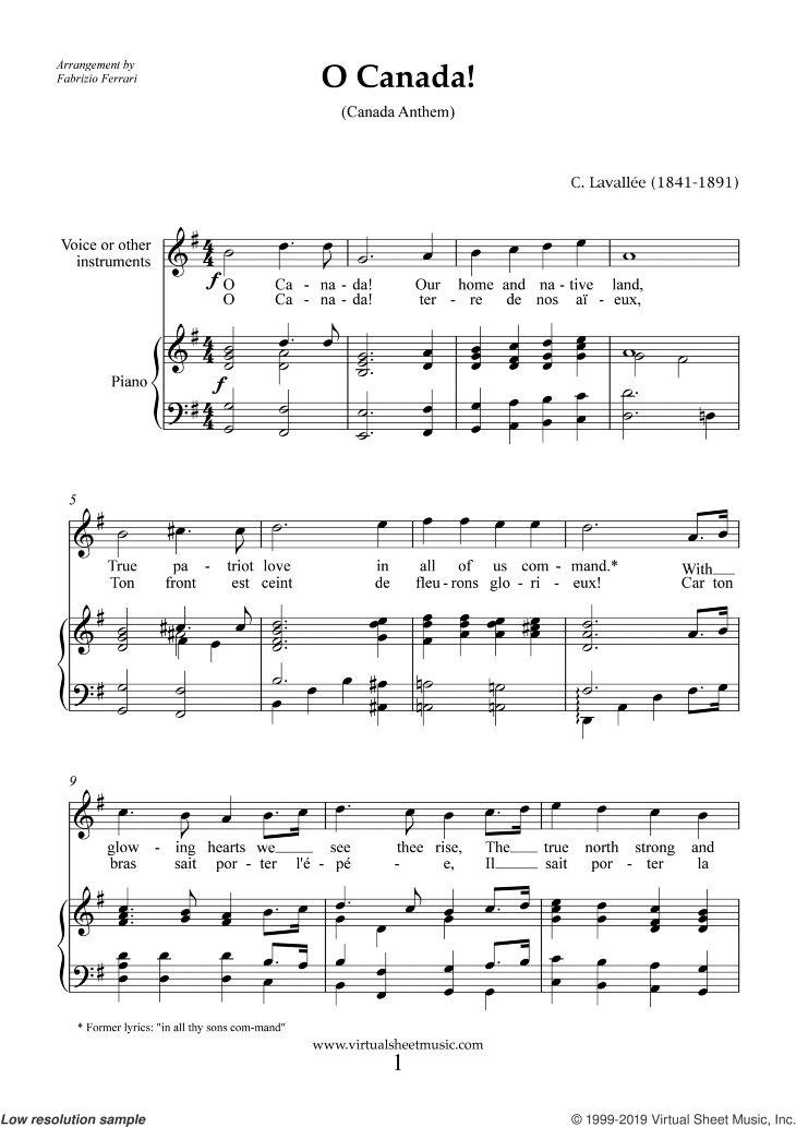 Free Lavallee - O Canada! sheet music for piano, voice or other instruments