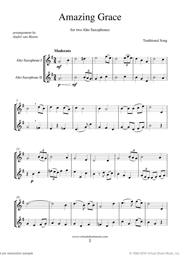 Amazing Grace (intermediate) sheet music for two alto saxophones