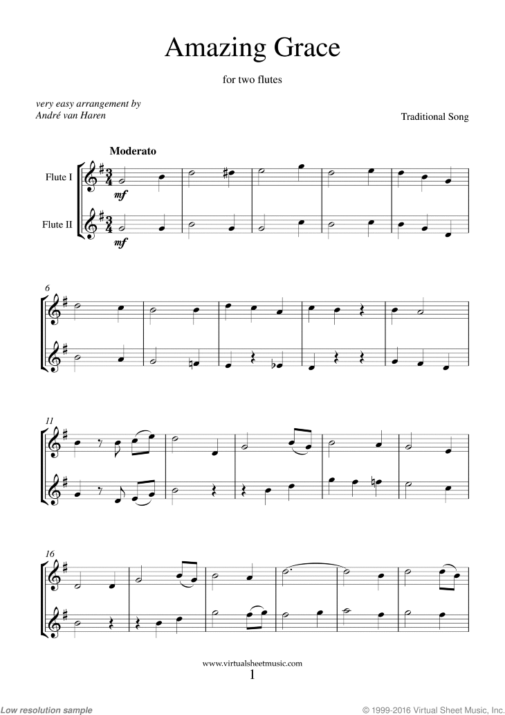 Free Amazing Grace for Beginners Sheet Music For Two Flutes