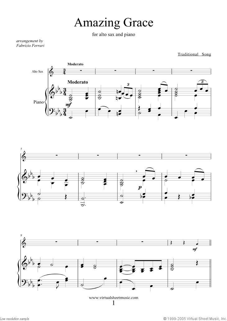 Amazing Grace sheet music for alto saxophone and piano [PDF]