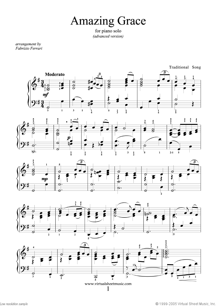 Amazing Grace (advanced version) sheet music for piano solo (PDF)