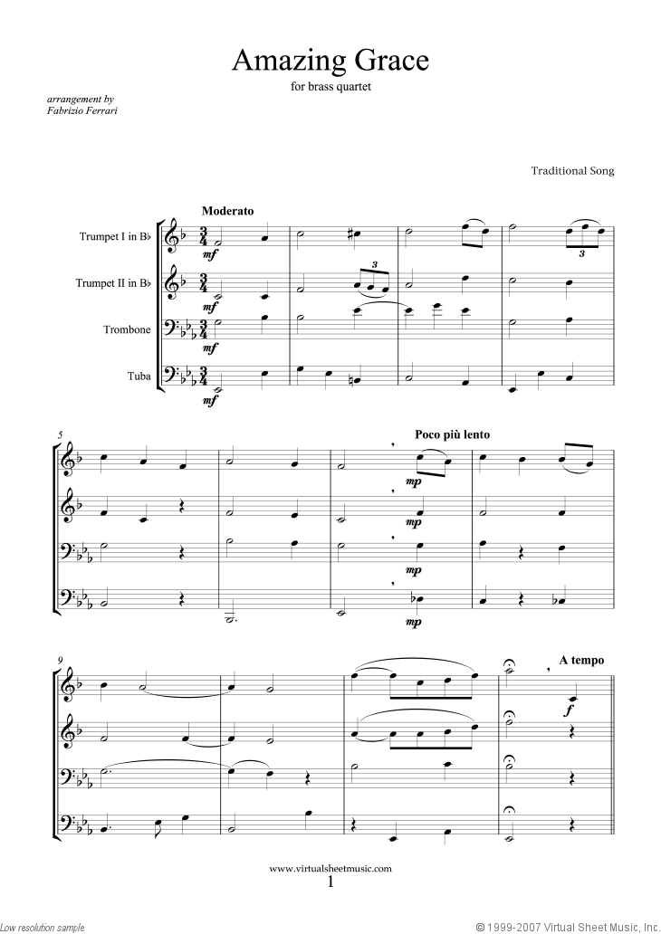 Amazing Grace - Bb Trumpet 1 (Brass Quintet) Sheet Music