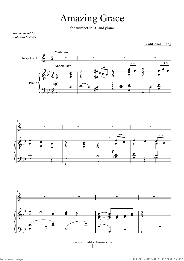 Amazing Grace sheet music for trumpet and piano [PDF-interactive]