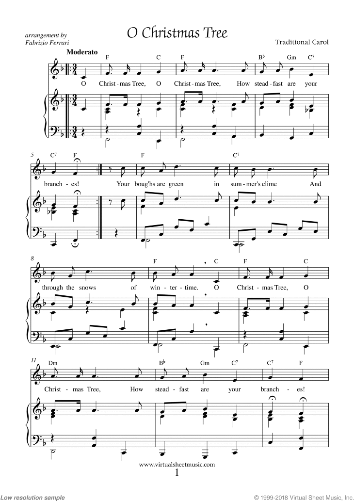 O Christmas Tree Piano Sheet Music Easy with Lyrics [PDF]