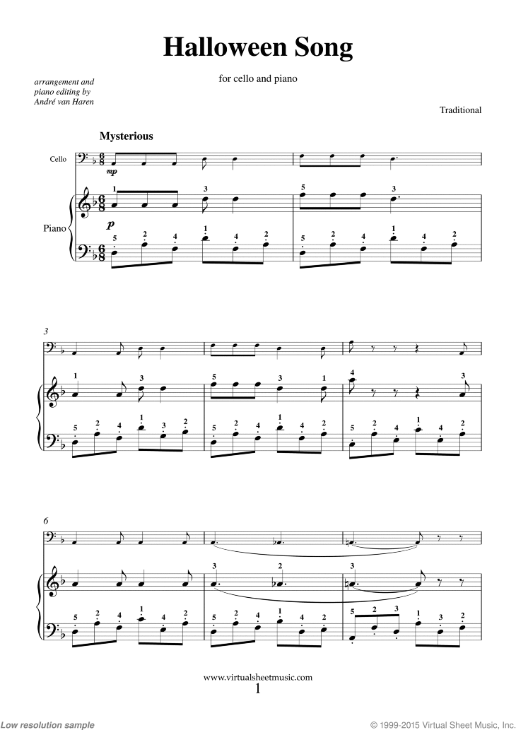 Halloween Song sheet music for cello and piano [PDF-interactive]