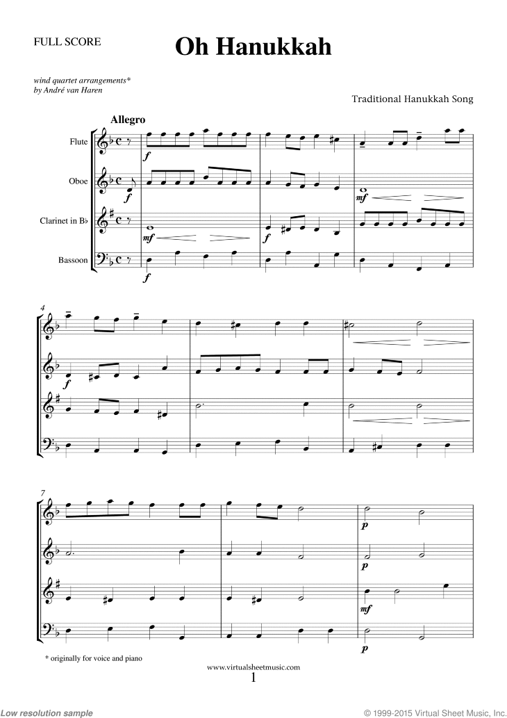 Hanukkah Wind Quartet Sheet Music, Jewish Chanukah Songs (PDF)