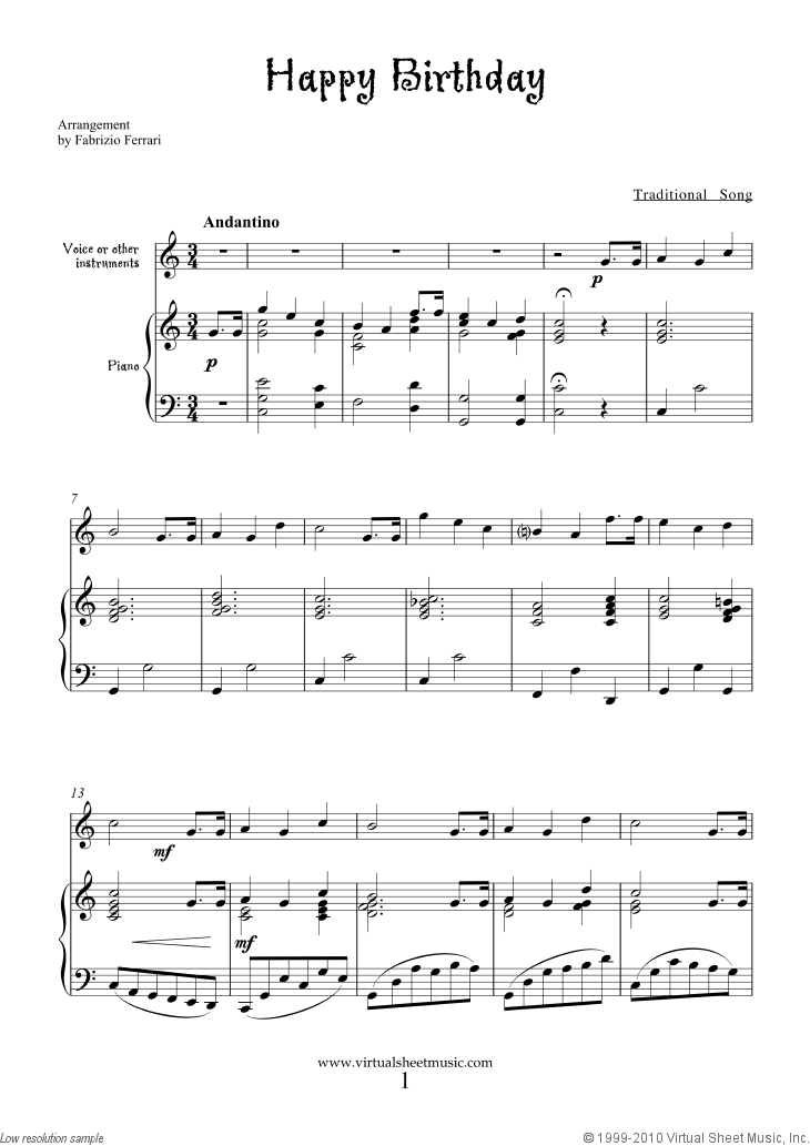 Happy Birthday free sheet music to download for piano