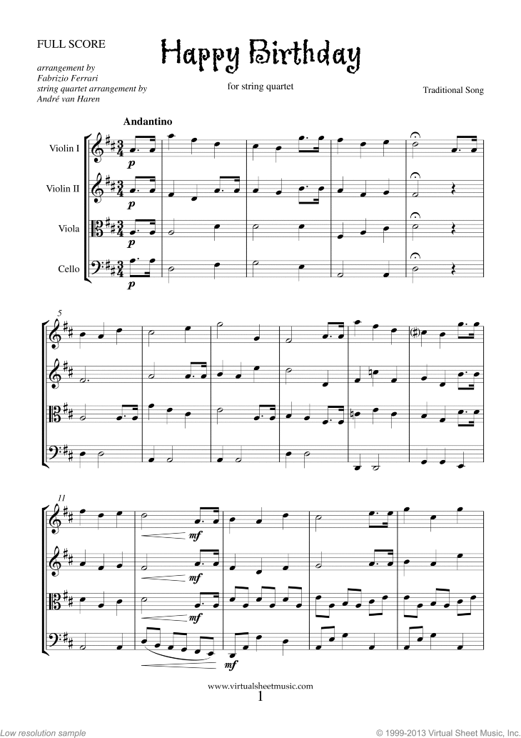 Happy Birthday sheet music for string quartet (PDF-interactive)