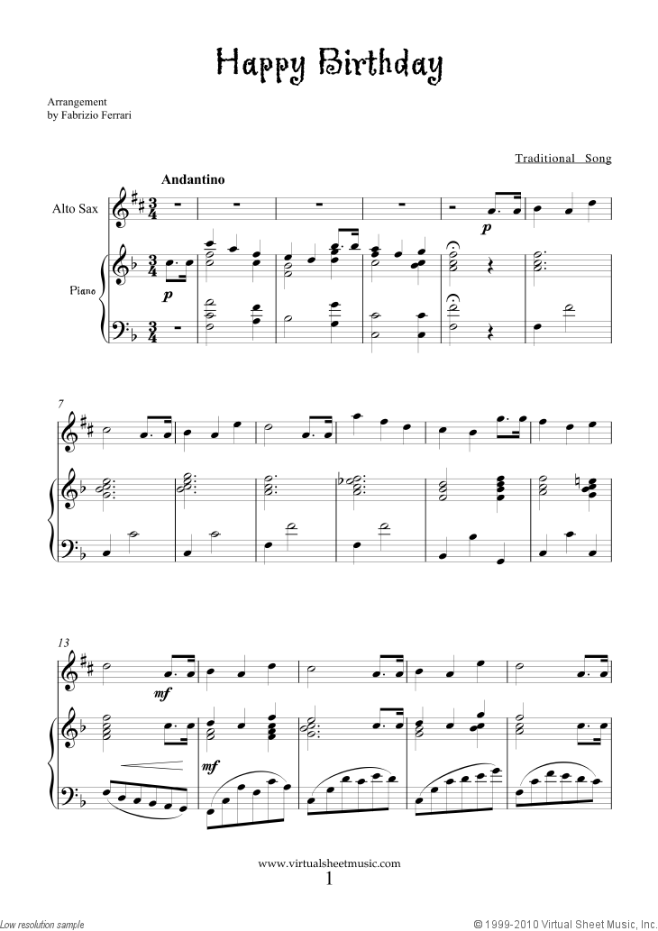 Free Happy Birthday sheet music for alto saxophone and piano