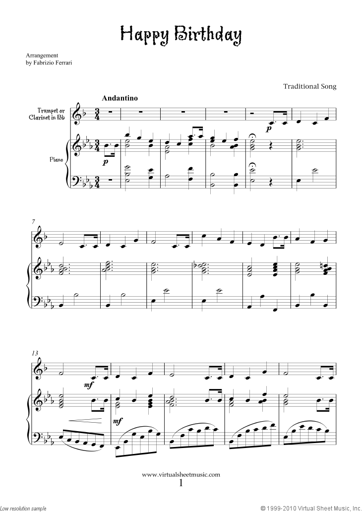 Free Happy Birthday sheet music for trumpet or clarinet and piano