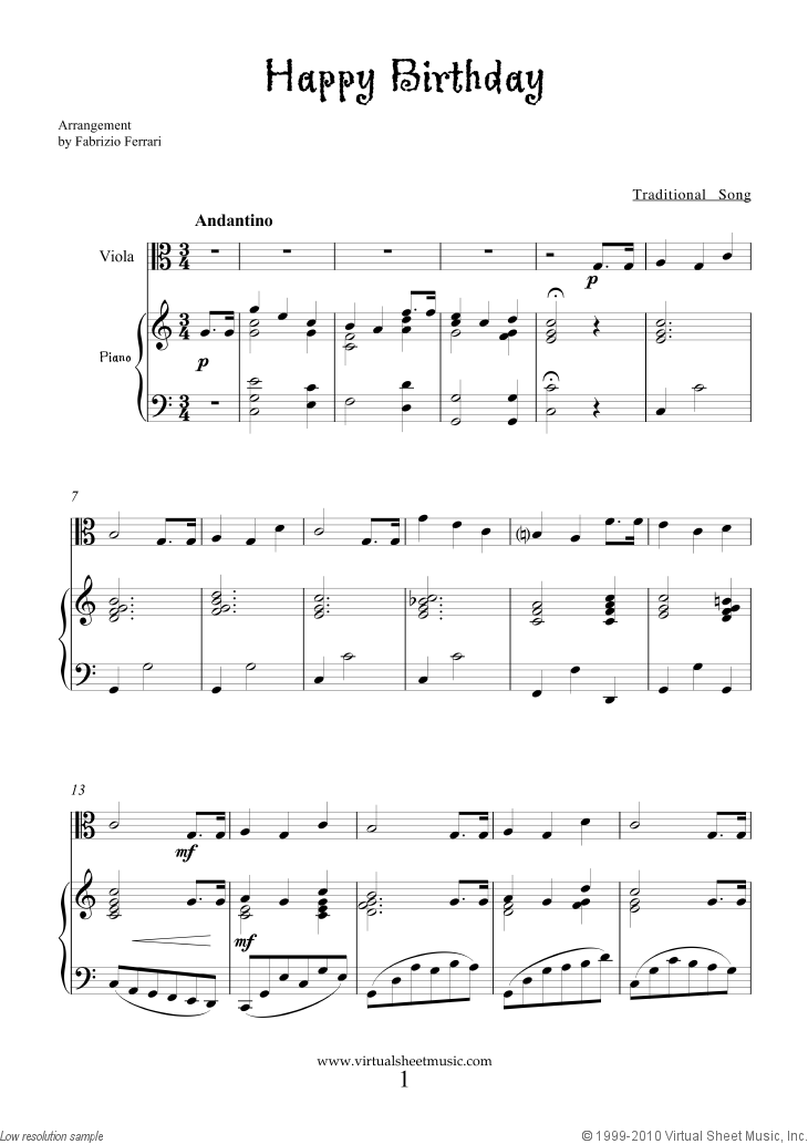 Free Happy Birthday sheet music for viola and piano [PDF]